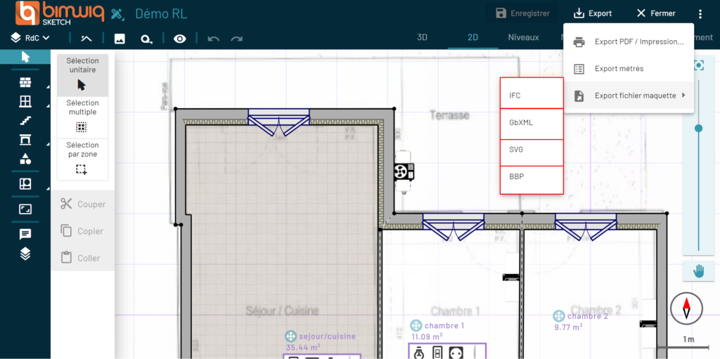 Exportez la maquette renseignée au format IFC/GbXML/SVG ou bbp