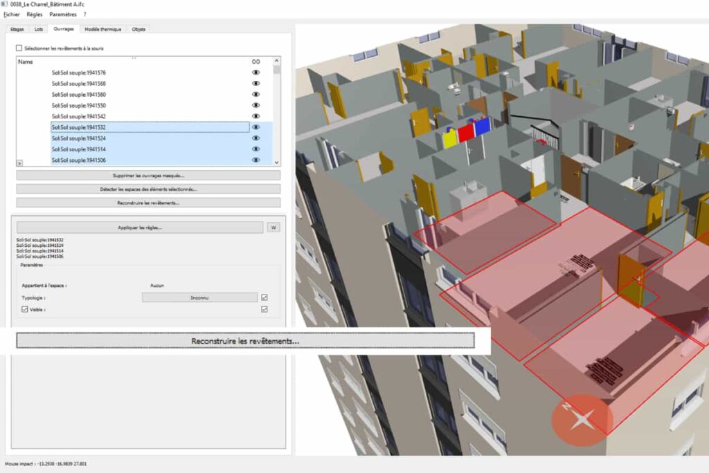 Contrôle des données techniques dans BIMBOOK avec visualisation de la maquette 3D du bâtiment